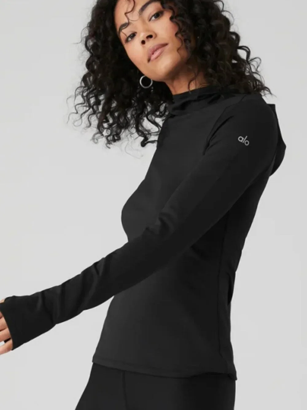 Alo Airlift Winter Warm Hooded Runner Black Brushed Fleece Hood Pullover Hoodie
